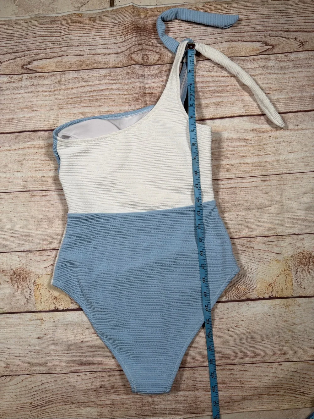 NWOT One-Shoulder Preppy‎ Color-block Blue and White Textured One-Piece Swimsuit
